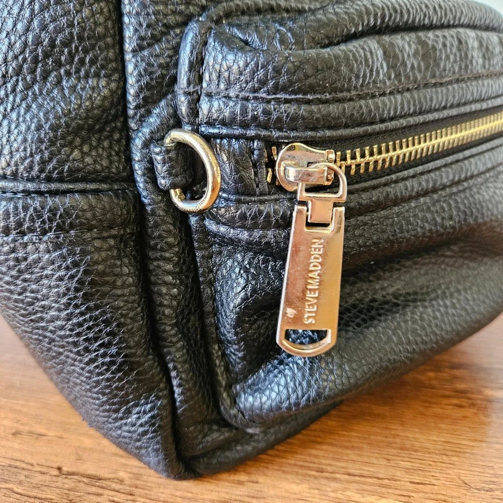 Steve Madden Black Pebbled Leather Mini Backpack Gold Hardware Front Pocket